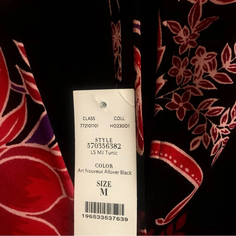 WHBM Art Nouveux All Over Black Floral Jersey Tunic Medium NWT